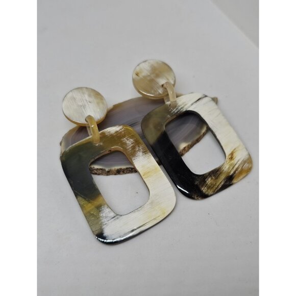 BUFFALO HORN Rectangle Dangle Drop Stud Statement EARRINGS Brown White Beige - Picture 8 of 10